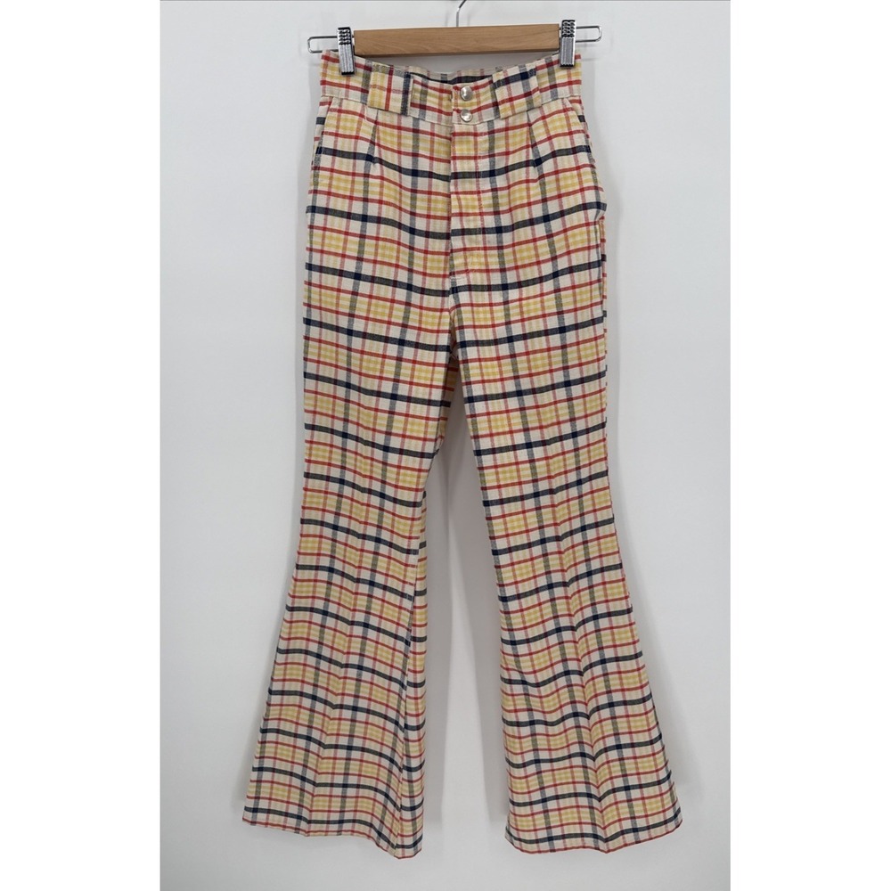 Vintage Maverick Womens 70's Plaid Woven Bell Bottom Pants Size 25x31 Retro USA